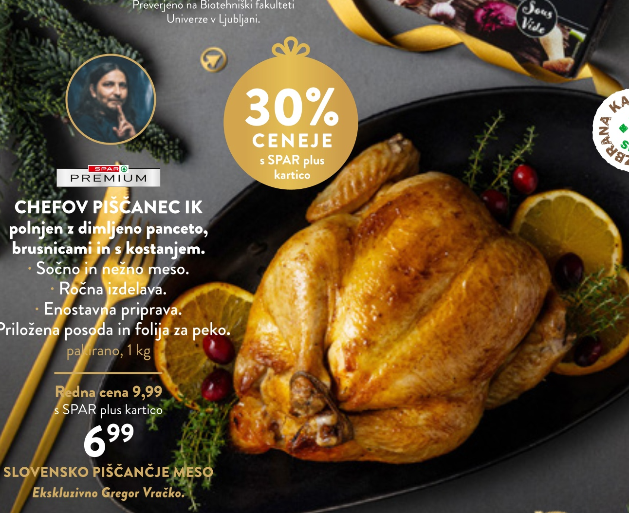 Chefov Piščanec polnjen z dimljeno panceto, brusnicami in kostanjem